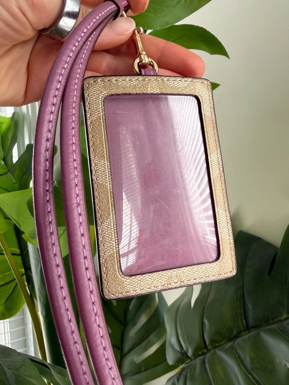 Coach Brown Signature Cardholder with Mauve Trim and Strap